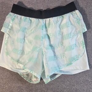 Nike Air Womens 2-in-1 Running Shorts Light Blue Green Logo XS *flaw